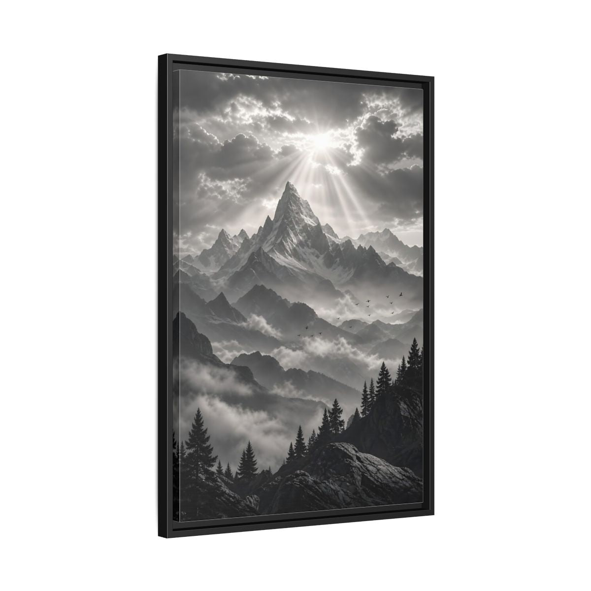 Side Mockup 14. Nature Snowy Mountains Monochrome Mountains shown as stretched canvas wall art