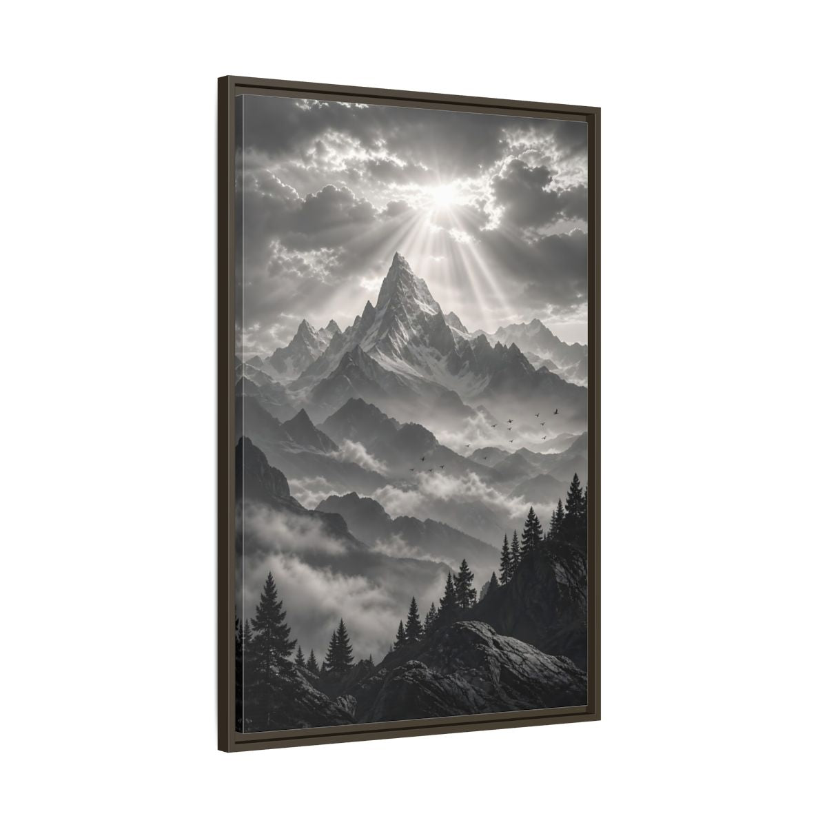 Main Mockup. Nature Snowy Mountains Monochrome Mountains shown as stretched canvas wall art