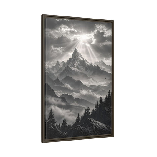 Main Mockup. Nature Snowy Mountains Monochrome Mountains shown as stretched canvas wall art