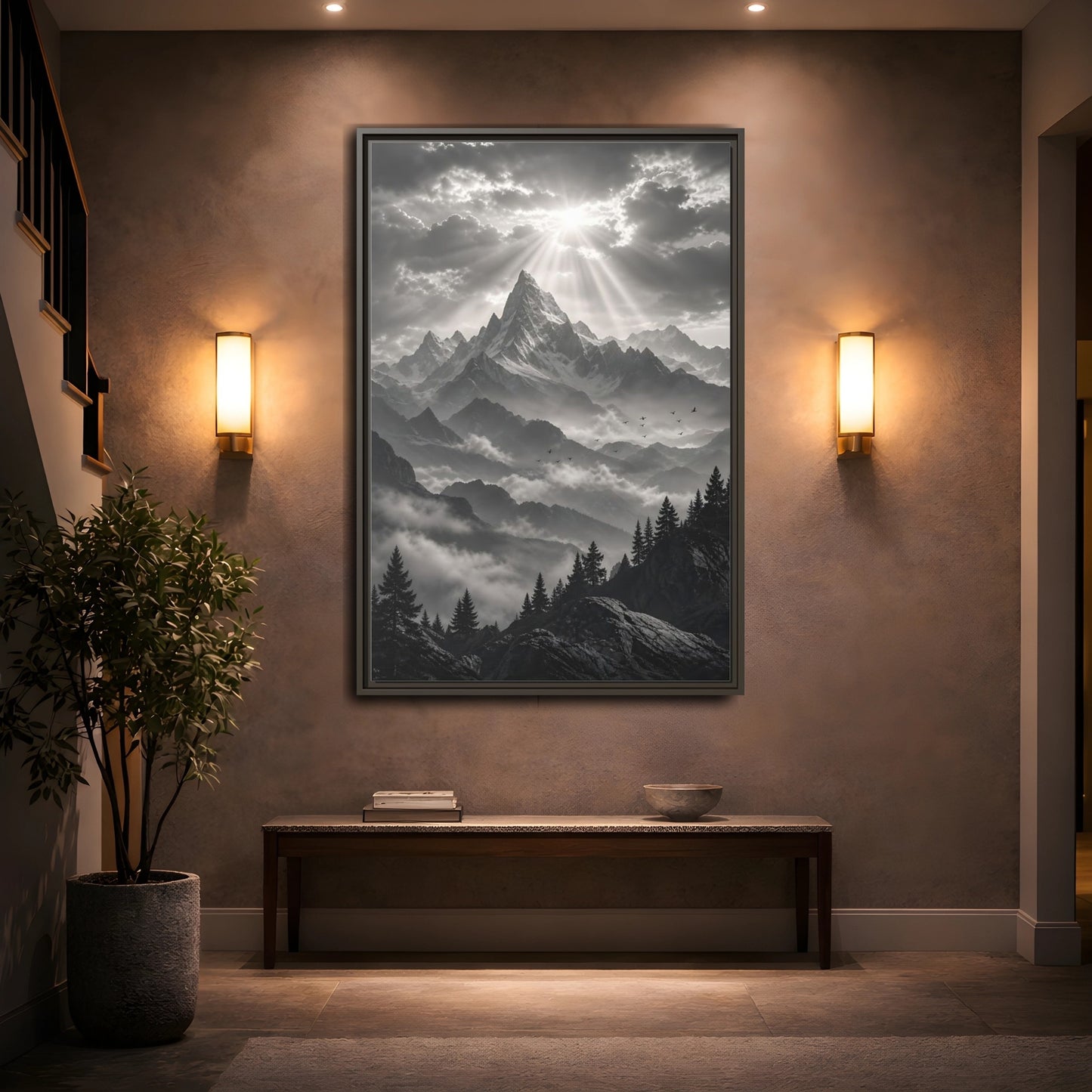 Mockup 2. Nature Snowy Mountains Monochrome Mountains shown as stretched canvas wall art