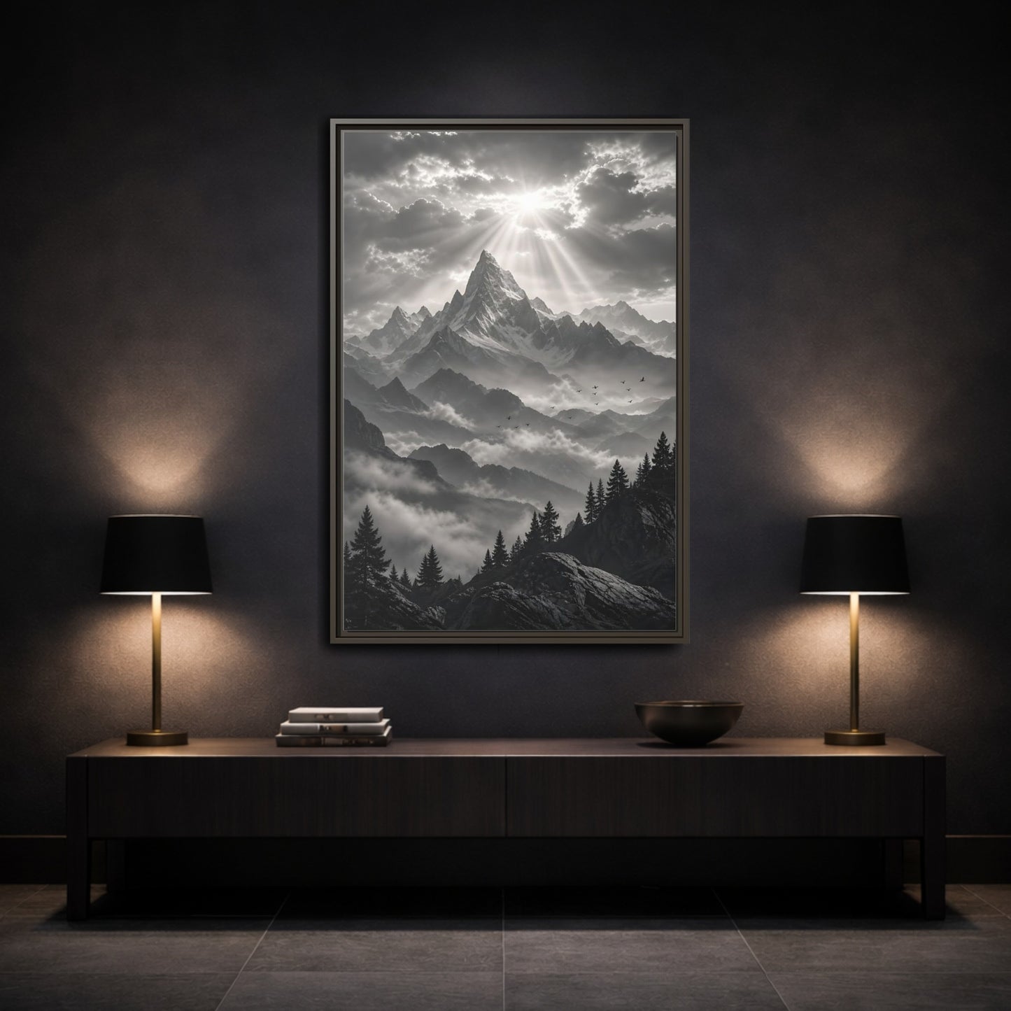 Mockup 3. Nature Snowy Mountains Monochrome Mountains shown as stretched canvas wall art