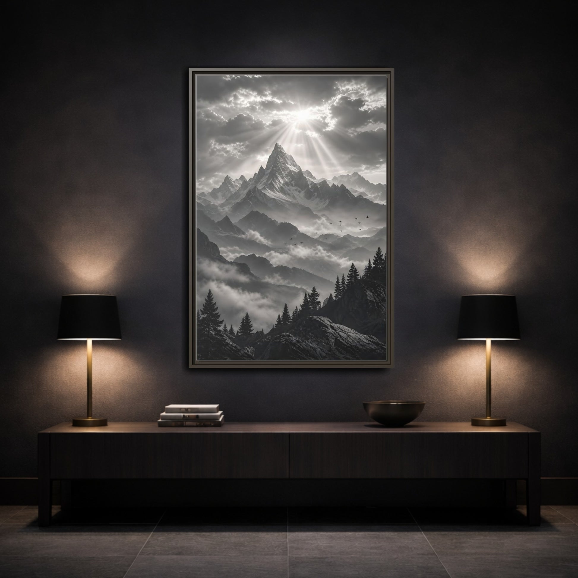 Mockup 3. Nature Snowy Mountains Monochrome Mountains shown as stretched canvas wall art