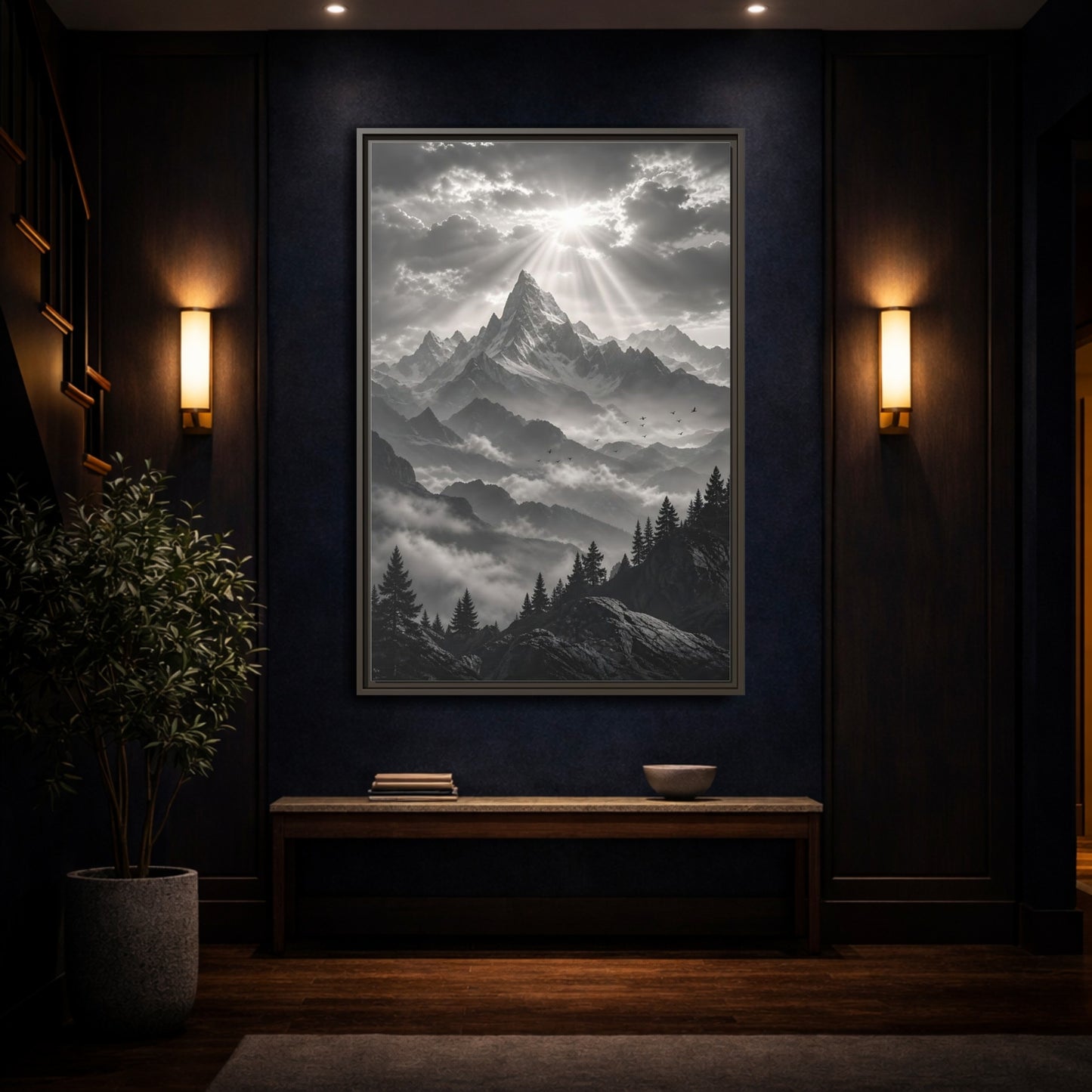 Mockup 4. Nature Snowy Mountains Monochrome Mountains shown as stretched canvas wall art