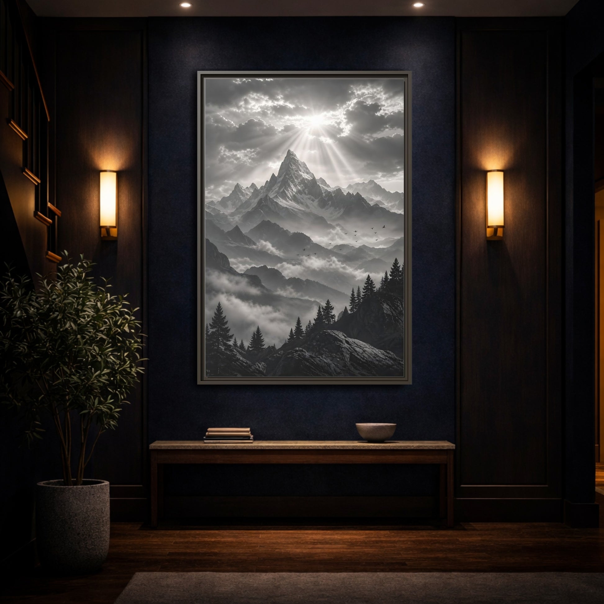 Mockup 4. Nature Snowy Mountains Monochrome Mountains shown as stretched canvas wall art