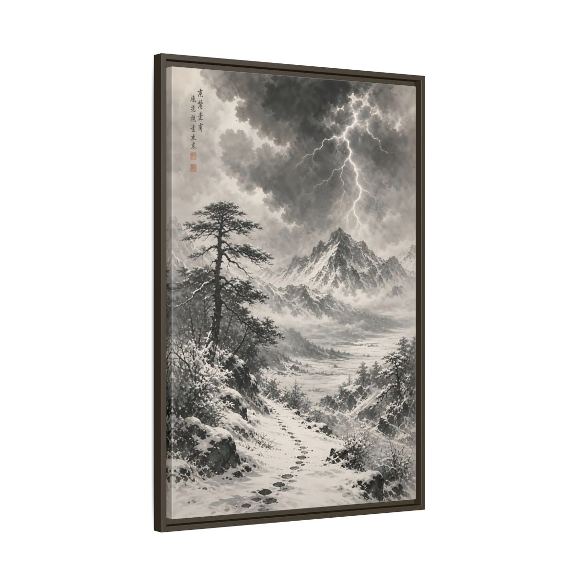 Main Mockup. Nature Snowy Mountains Monochrome Winter shown as stretched canvas wall art