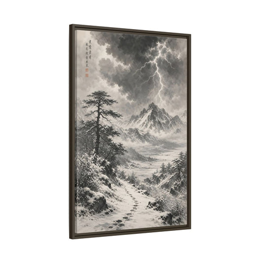 Main Mockup. Nature Snowy Mountains Monochrome Winter shown as stretched canvas wall art
