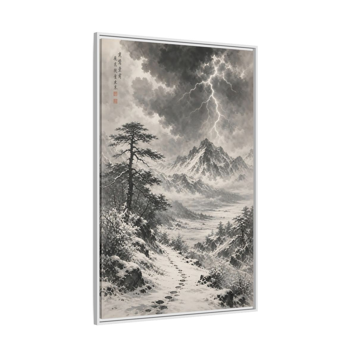 Side Mockup 7. Nature Snowy Mountains Monochrome Winter shown as stretched canvas wall art