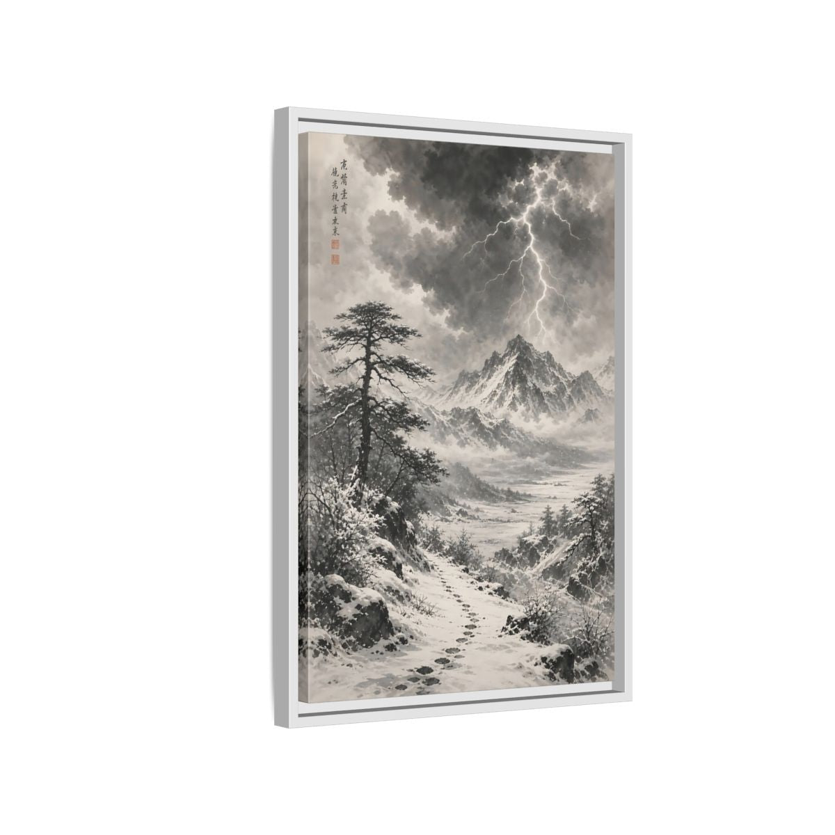 Side Mockup 1. Nature Snowy Mountains Monochrome Winter shown as stretched canvas wall art