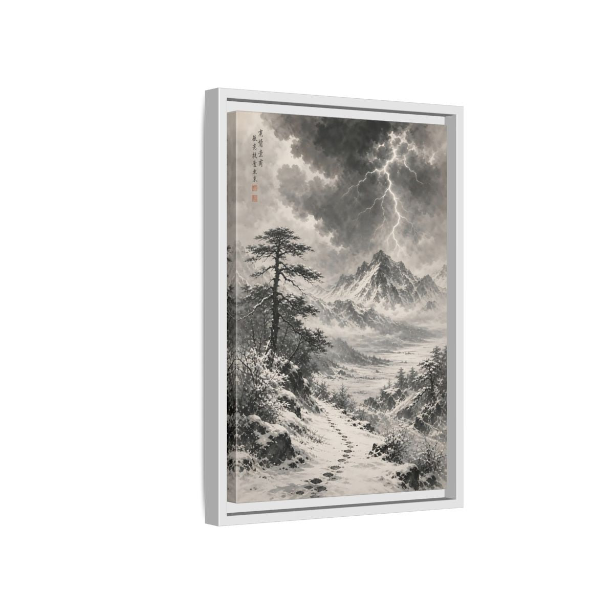 Side Mockup 4. Nature Snowy Mountains Monochrome Winter shown as stretched canvas wall art