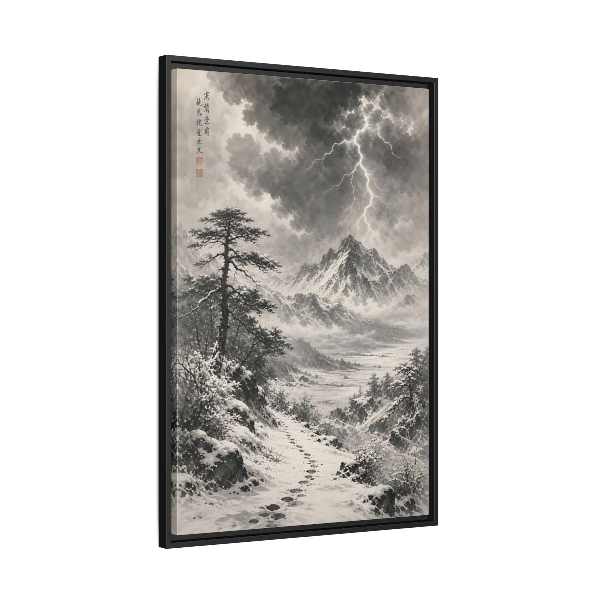 Side Mockup 13. Nature Snowy Mountains Monochrome Winter shown as stretched canvas wall art