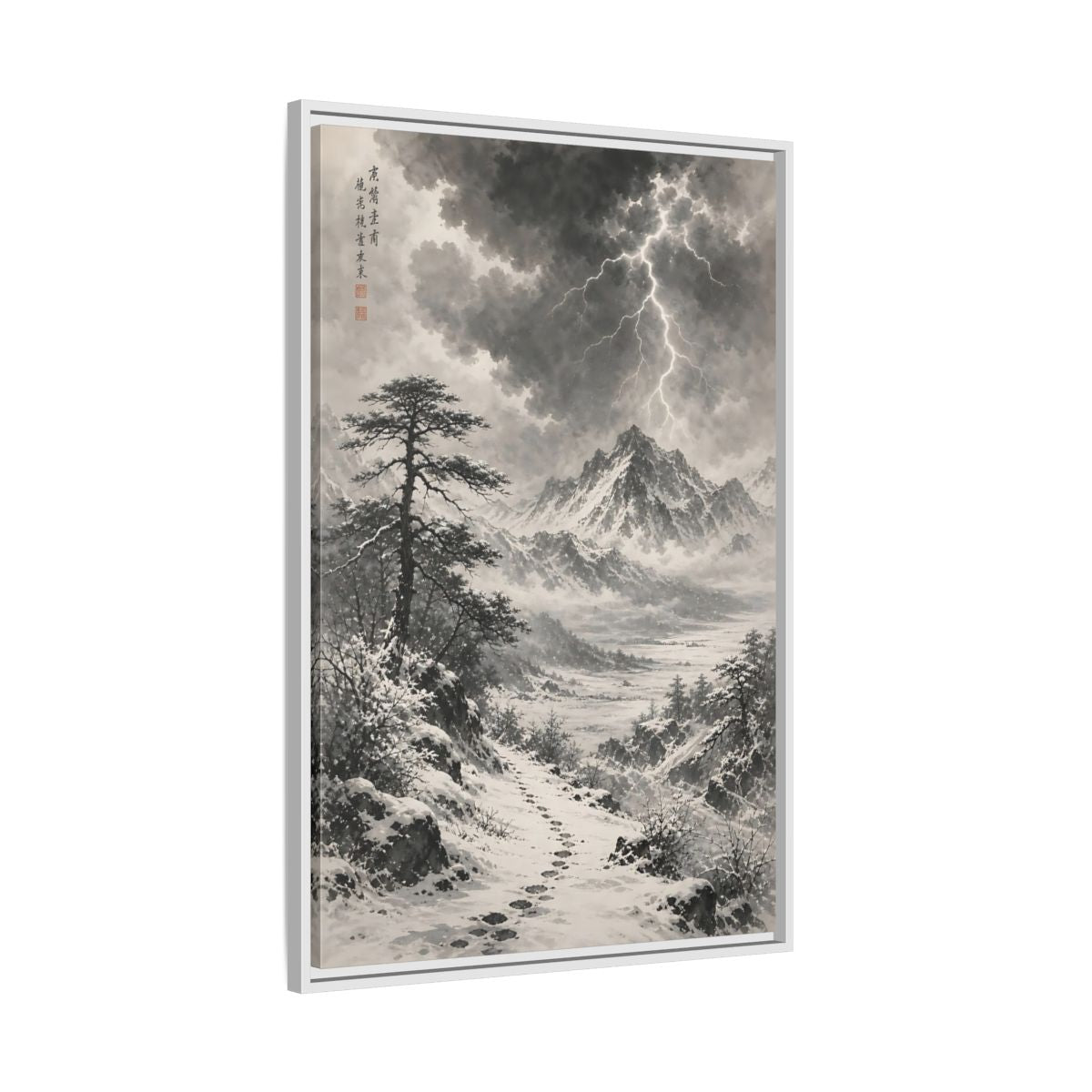 Side Mockup 9. Nature Snowy Mountains Monochrome Winter shown as stretched canvas wall art