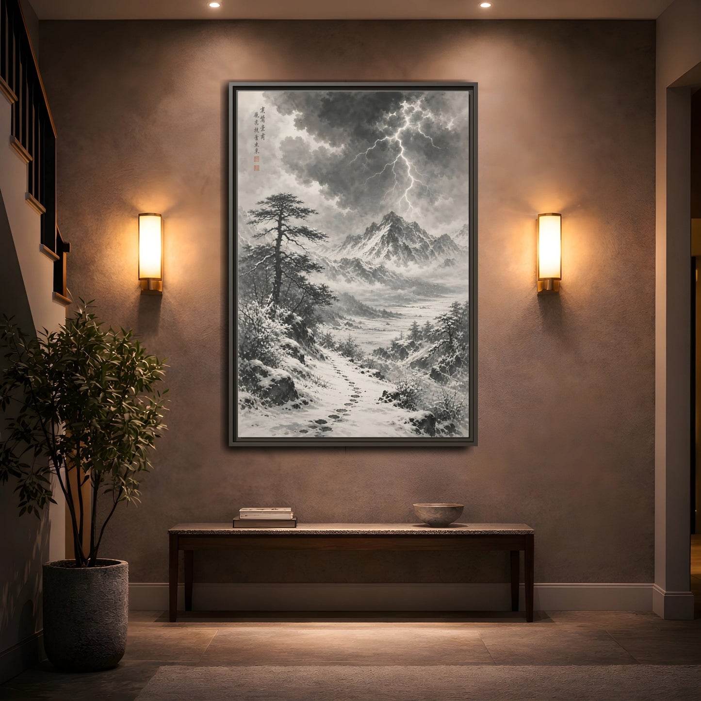 Mockup 2. Nature Snowy Mountains Monochrome Winter shown as stretched canvas wall art