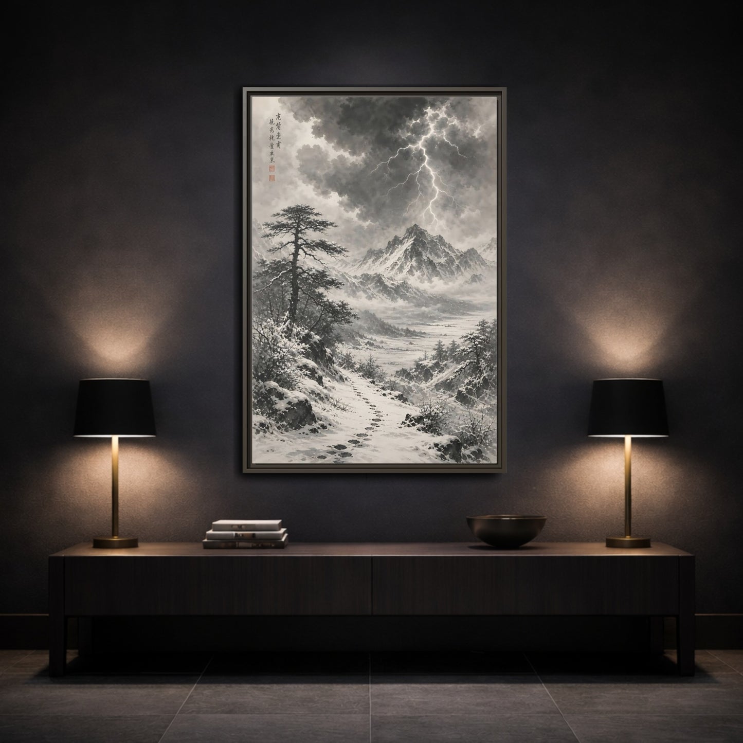 Mockup 3. Nature Snowy Mountains Monochrome Winter shown as stretched canvas wall art