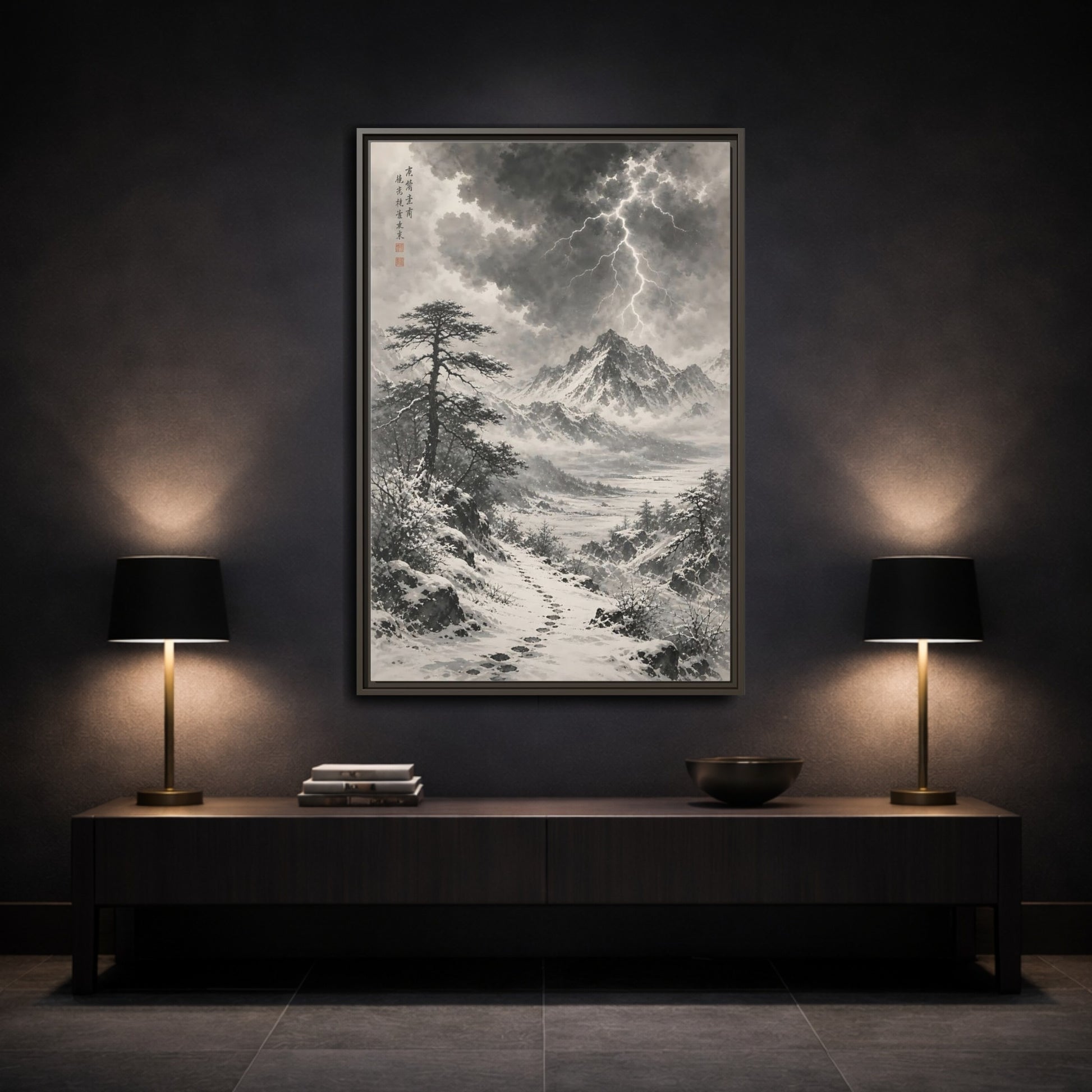Mockup 3. Nature Snowy Mountains Monochrome Winter shown as stretched canvas wall art