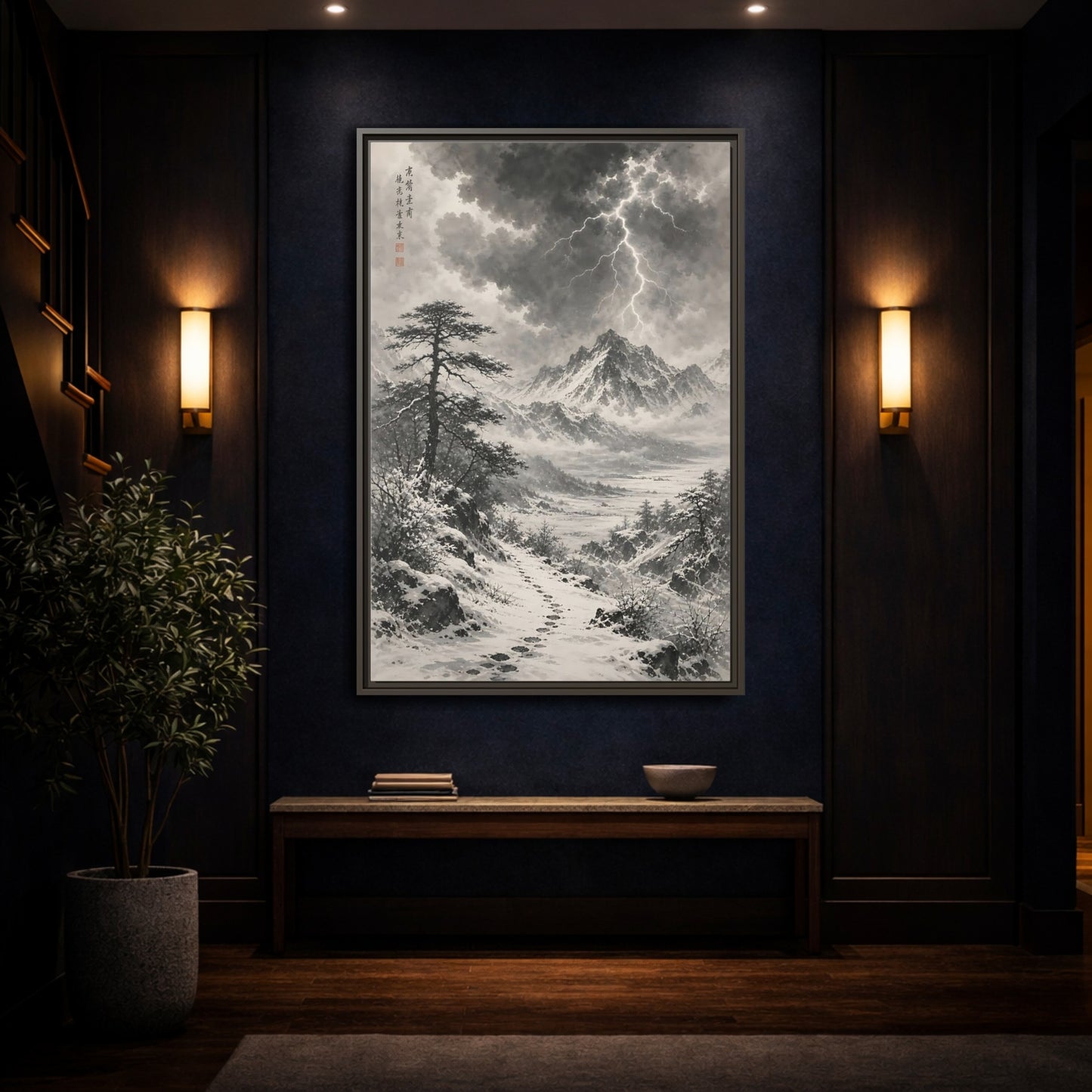 Mockup 4. Nature Snowy Mountains Monochrome Winter shown as stretched canvas wall art