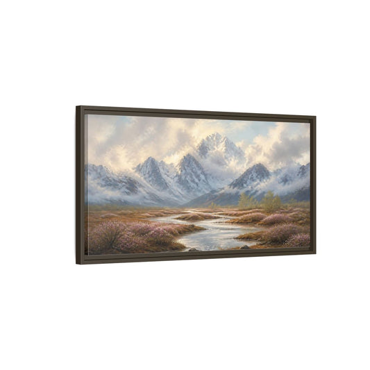 Main Mockup. Nature Snowy Mountains Mountain River Flowers shown as stretched canvas wall art