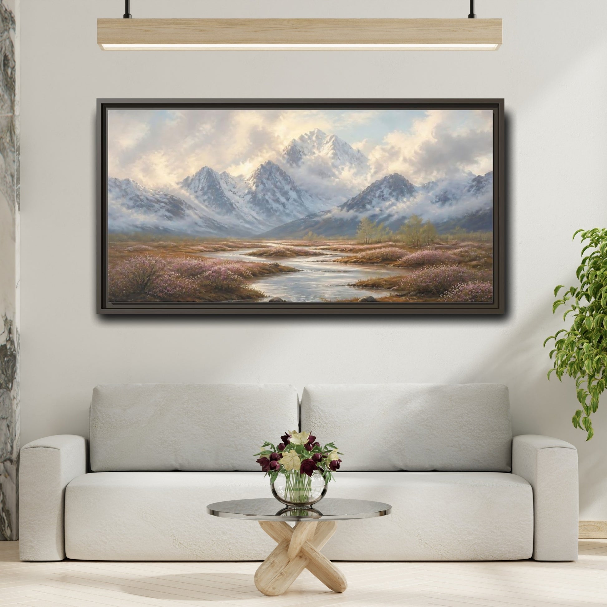 Mockup 2. Nature Snowy Mountains Mountain River Flowers shown as stretched canvas wall art