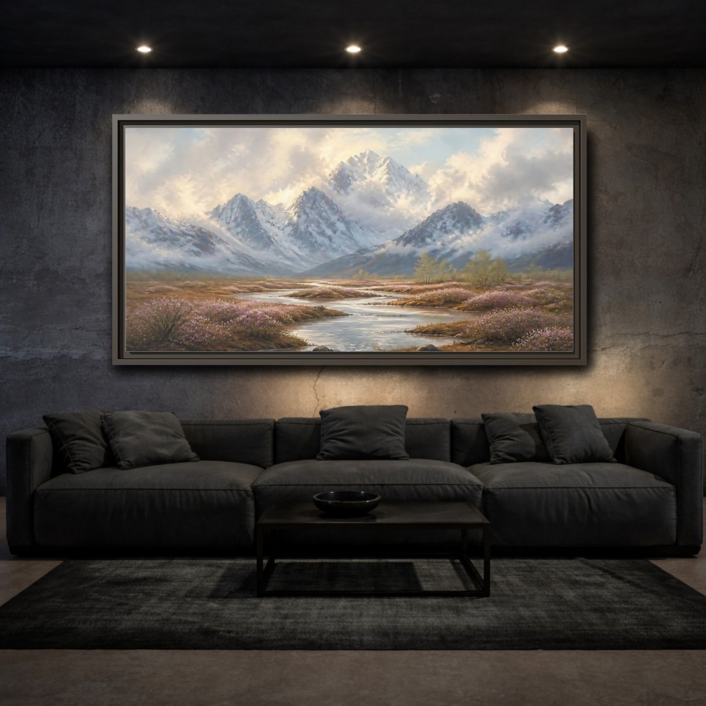 Mockup 3. Nature Snowy Mountains Mountain River Flowers shown as stretched canvas wall art