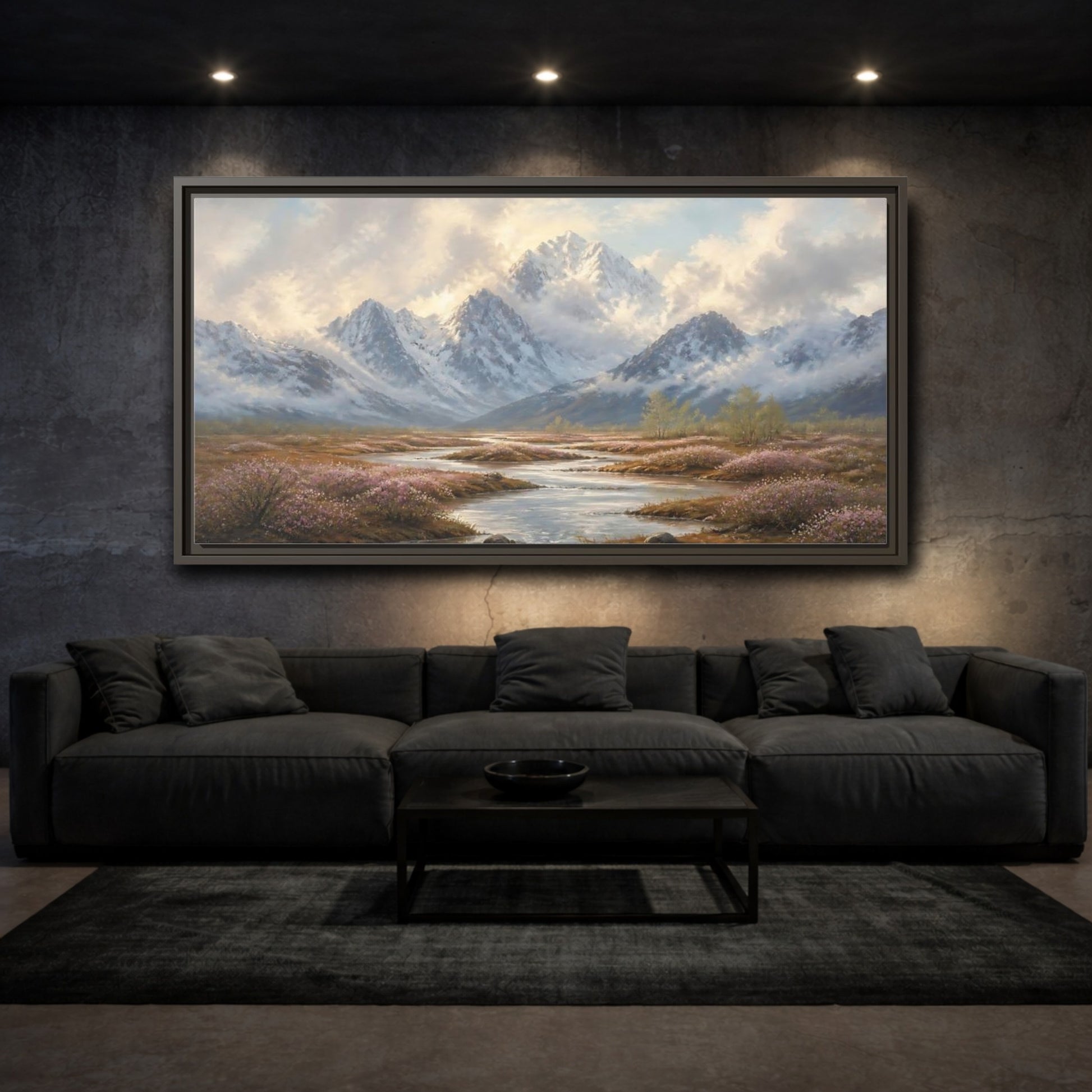 Mockup 3. Nature Snowy Mountains Mountain River Flowers shown as stretched canvas wall art