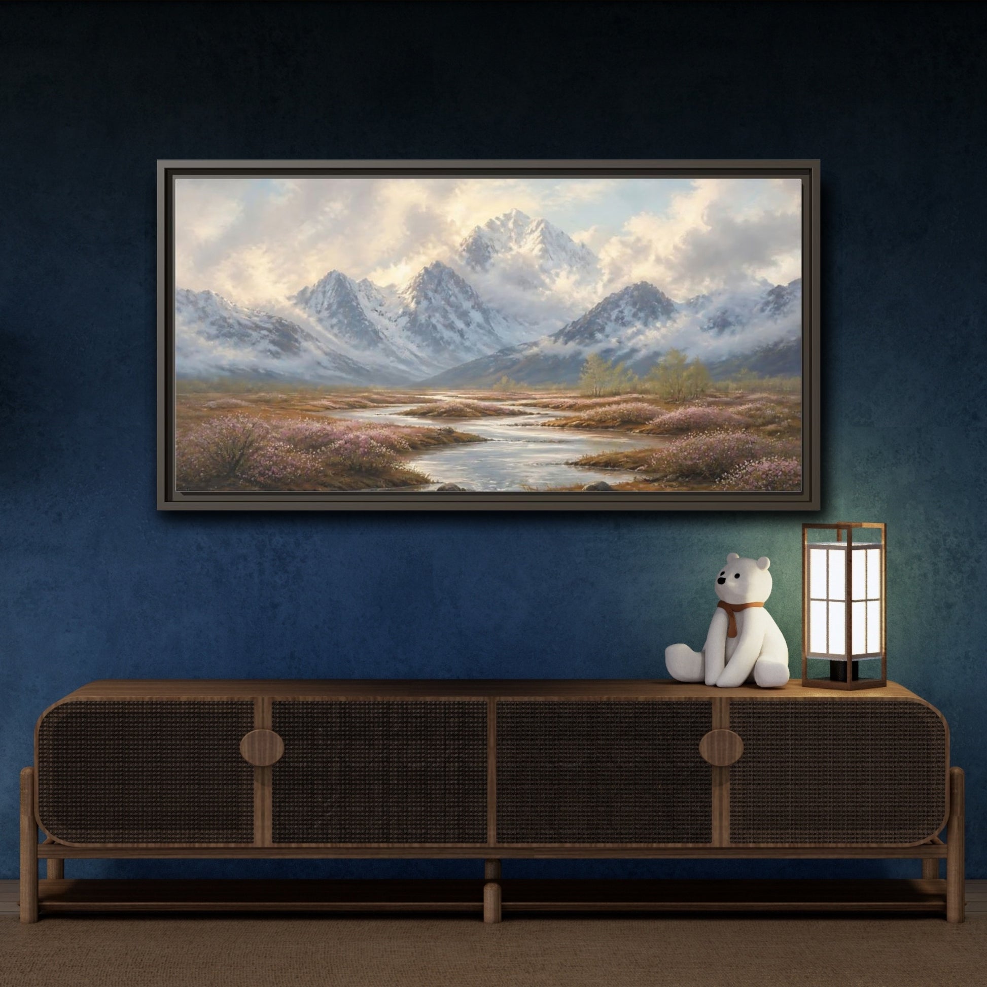Mockup 4. Nature Snowy Mountains Mountain River Flowers shown as stretched canvas wall art