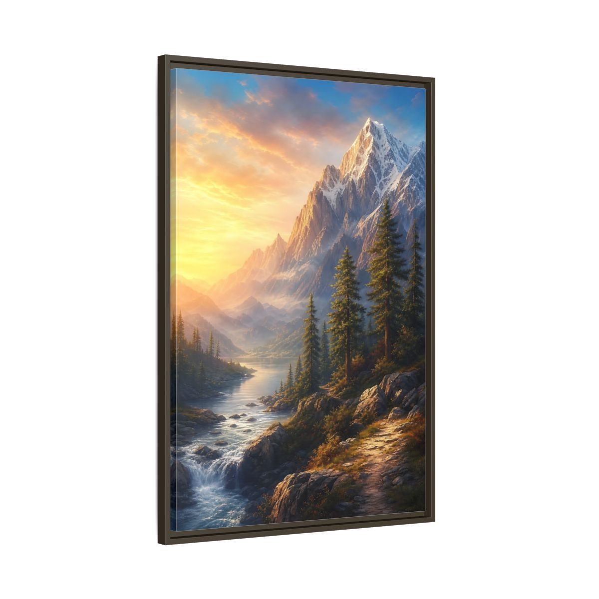 Main Mockup. Nature Snowy Mountains Mountain River Sunset shown as stretched canvas wall art