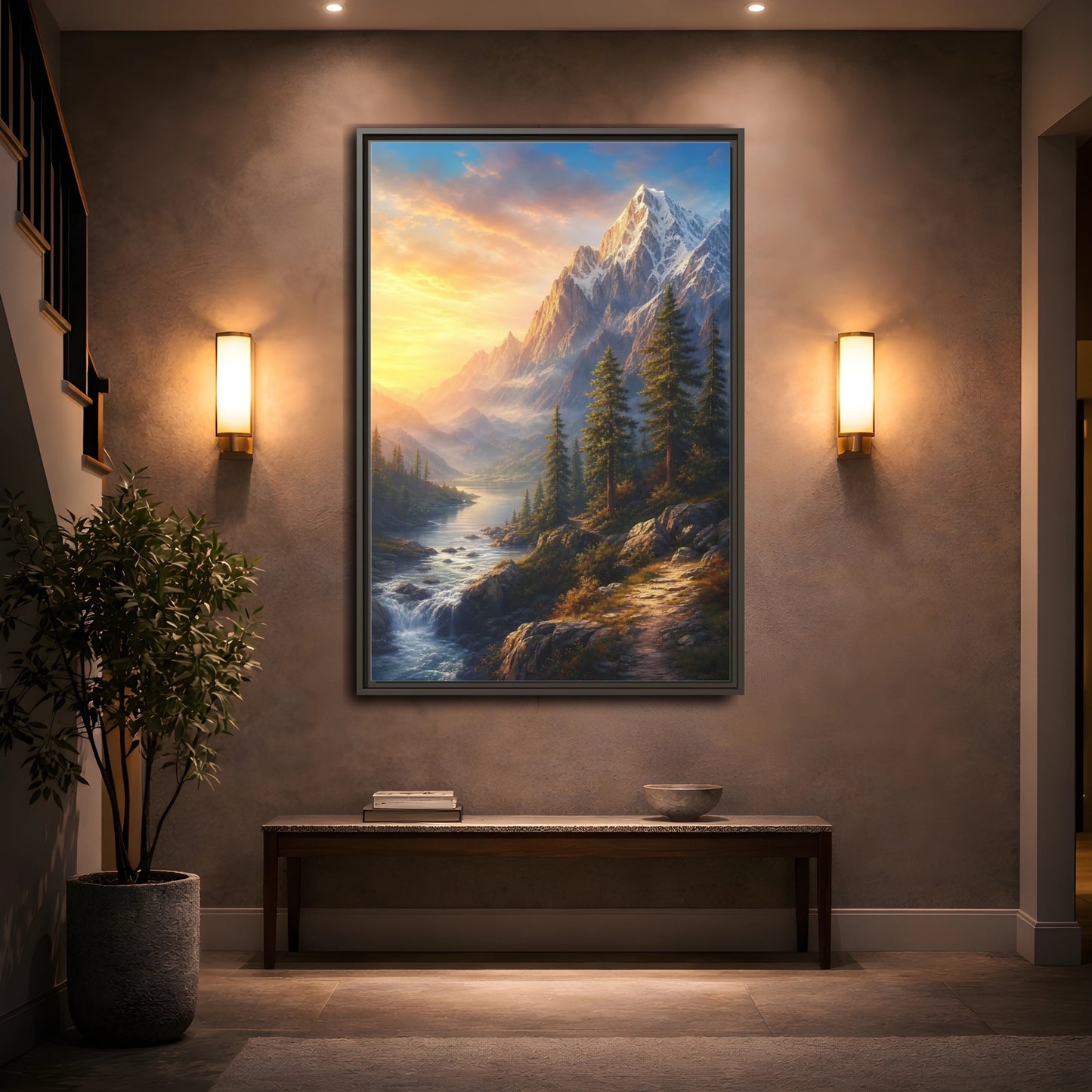 Mockup 2. Nature Snowy Mountains Mountain River Sunset shown as stretched canvas wall art