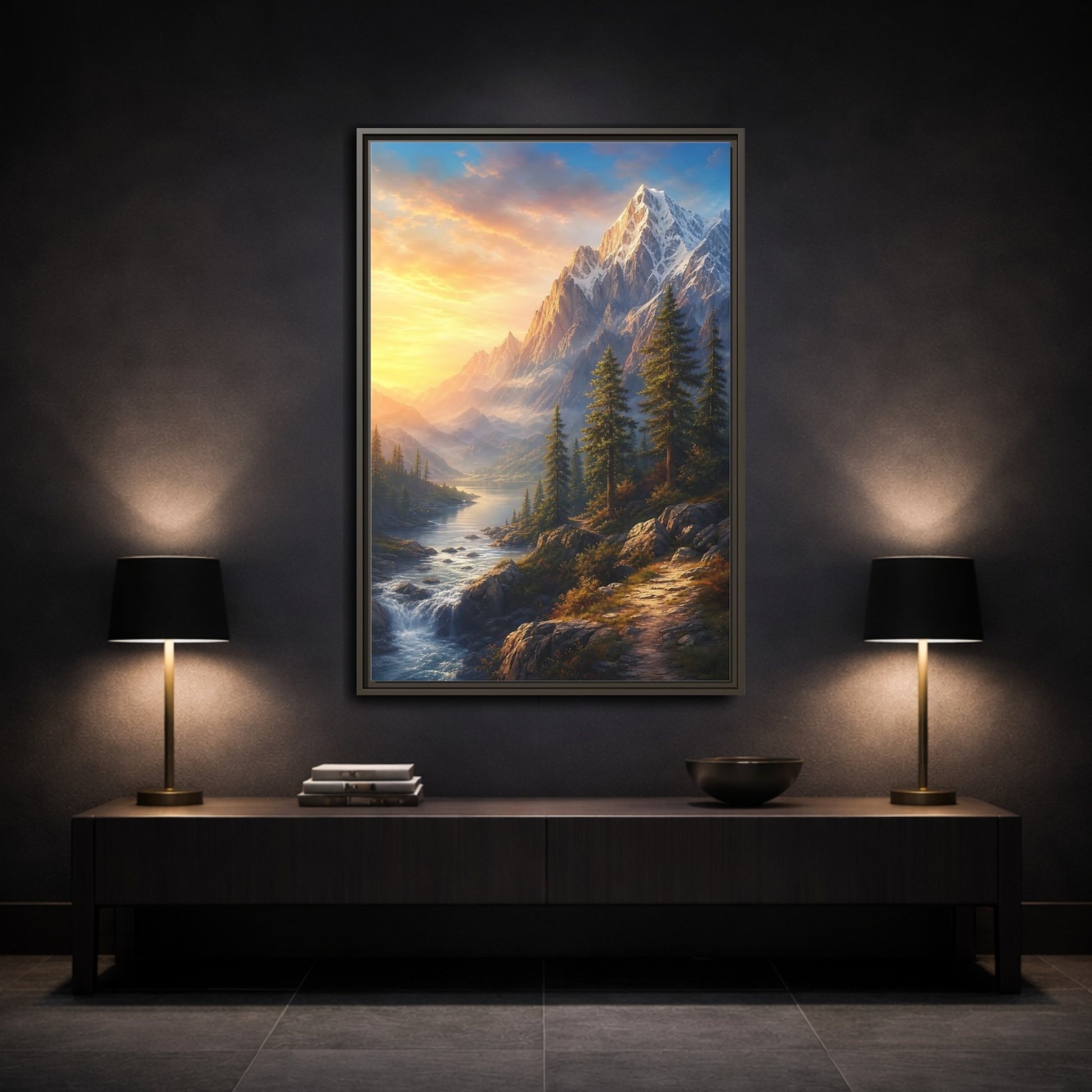 Mockup 3. Nature Snowy Mountains Mountain River Sunset shown as stretched canvas wall art