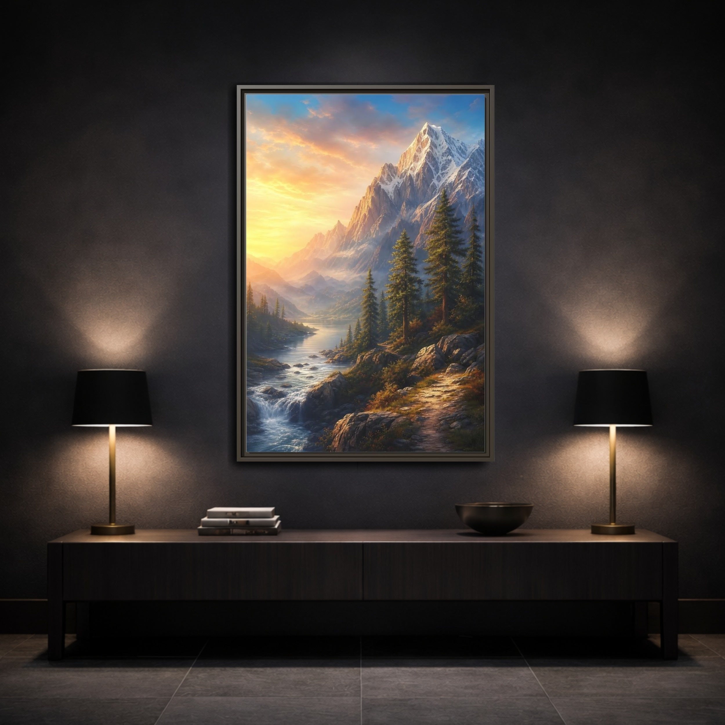 Mockup 3. Nature Snowy Mountains Mountain River Sunset shown as stretched canvas wall art