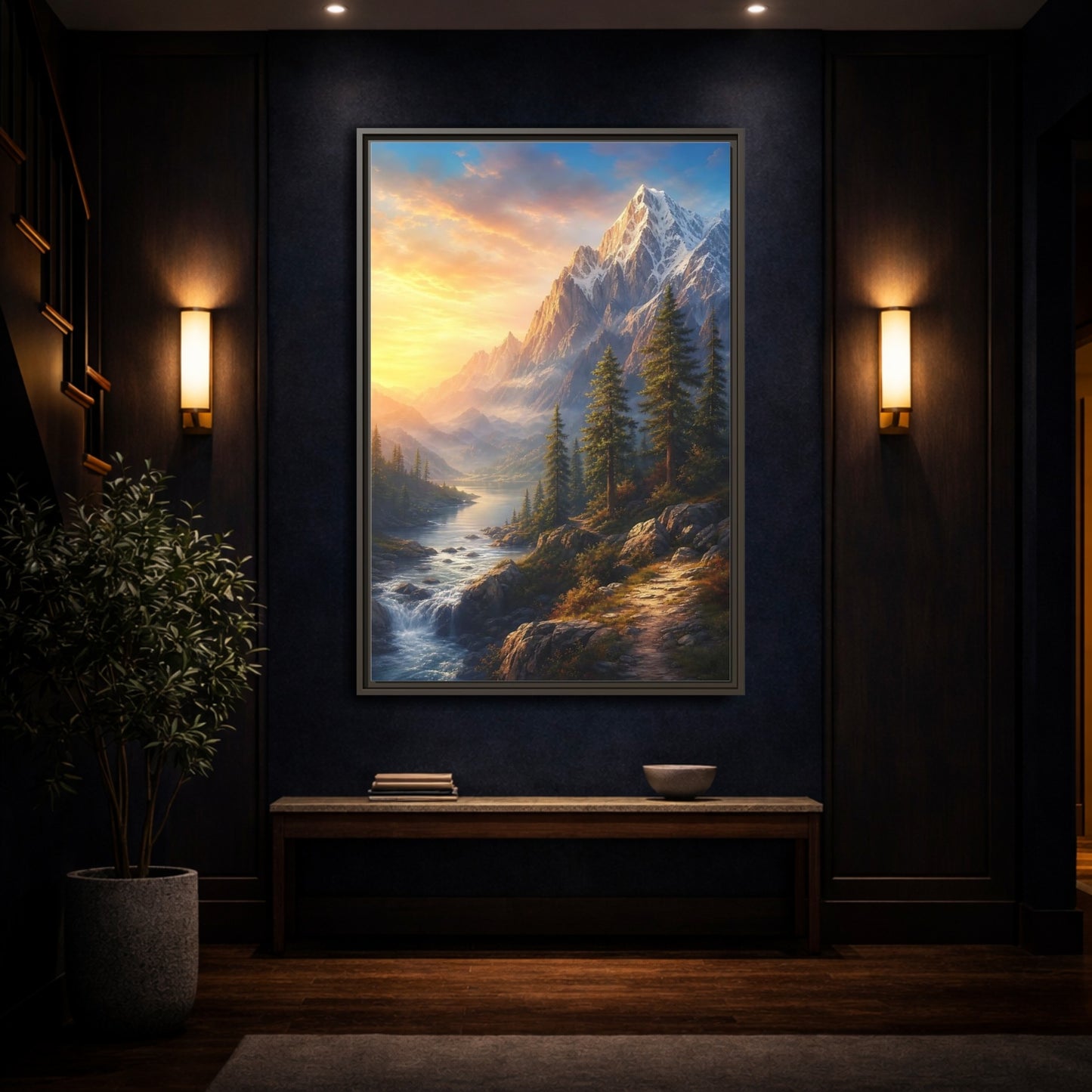 Mockup 4. Nature Snowy Mountains Mountain River Sunset shown as stretched canvas wall art
