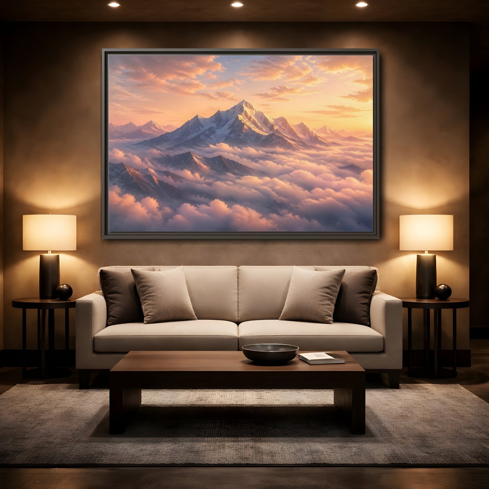 Mockup 2. Nature Snowy Mountains Orange Mountain Sunrise shown as stretched canvas wall art