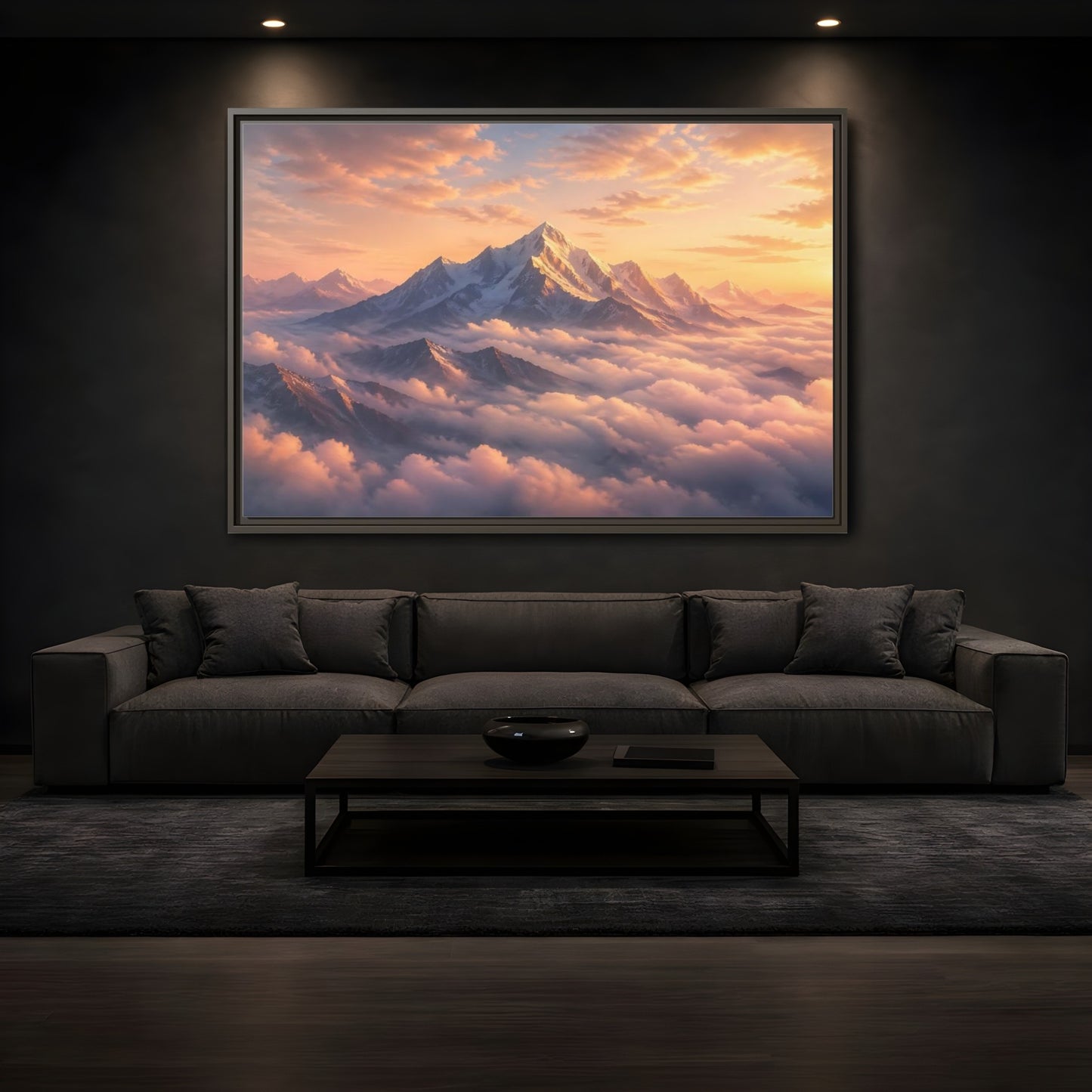 Mockup 3. Nature Snowy Mountains Orange Mountain Sunrise shown as stretched canvas wall art