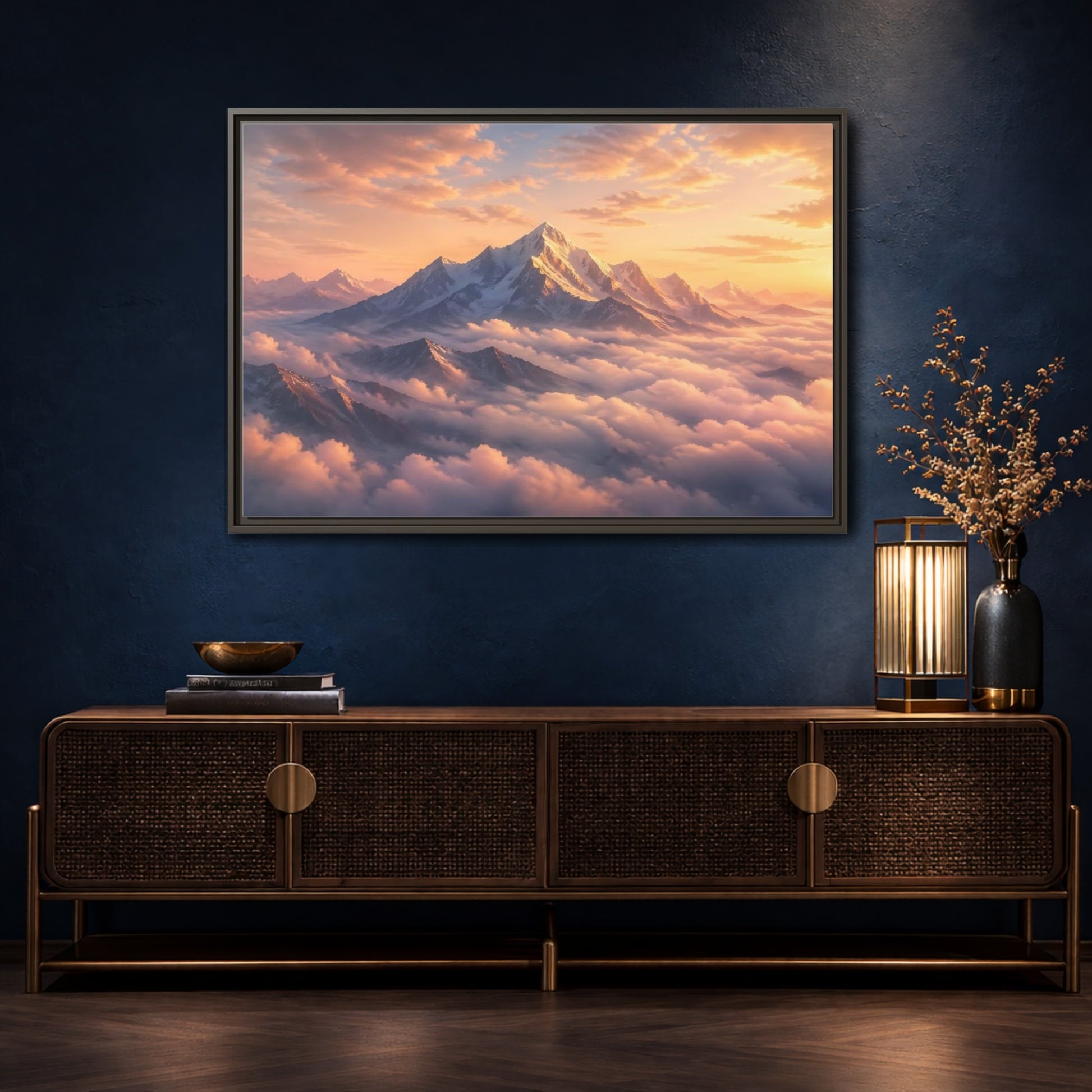 Mockup 4. Nature Snowy Mountains Orange Mountain Sunrise shown as stretched canvas wall art