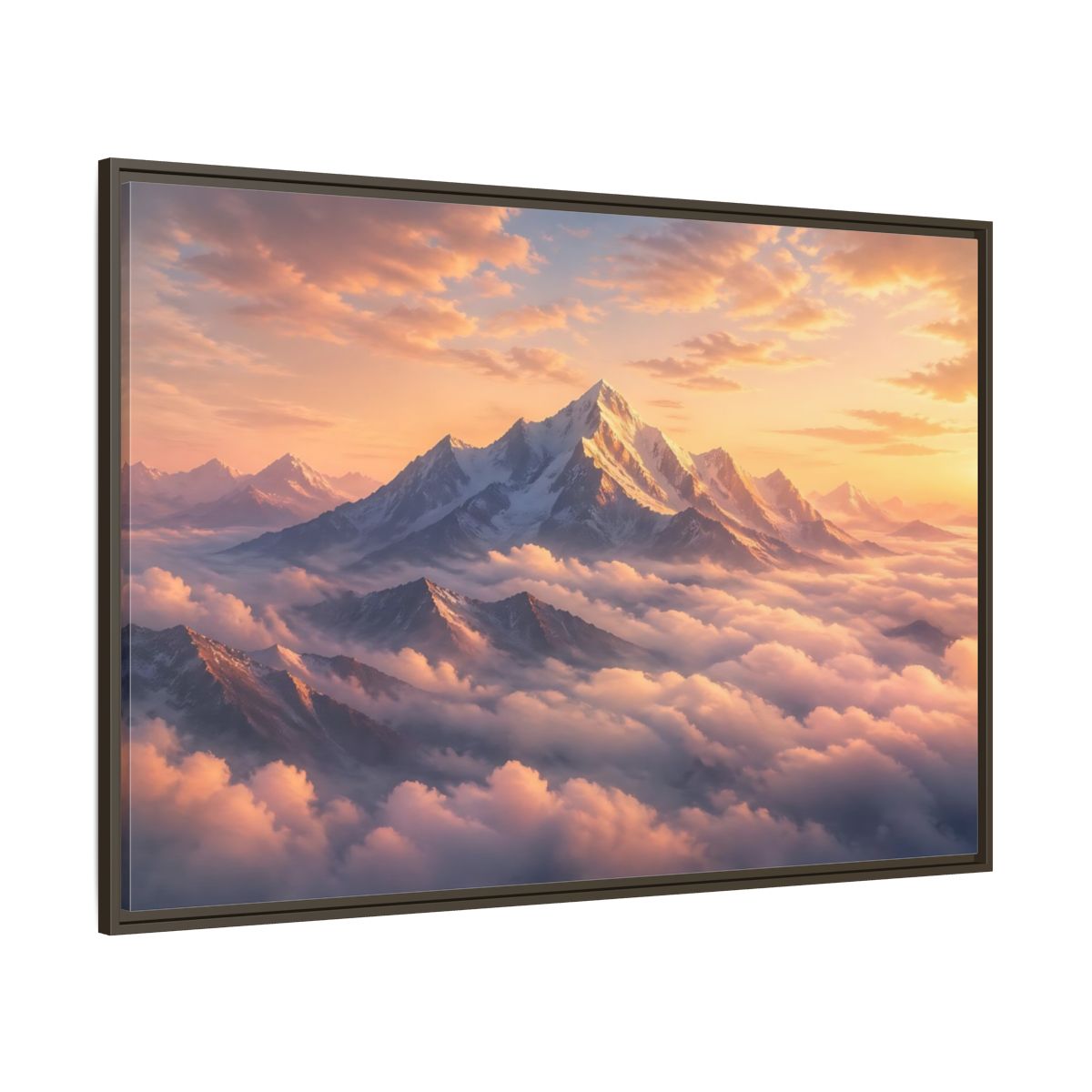 Side Mockup 8. Nature Snowy Mountains Orange Mountain Sunrise shown as stretched canvas wall art