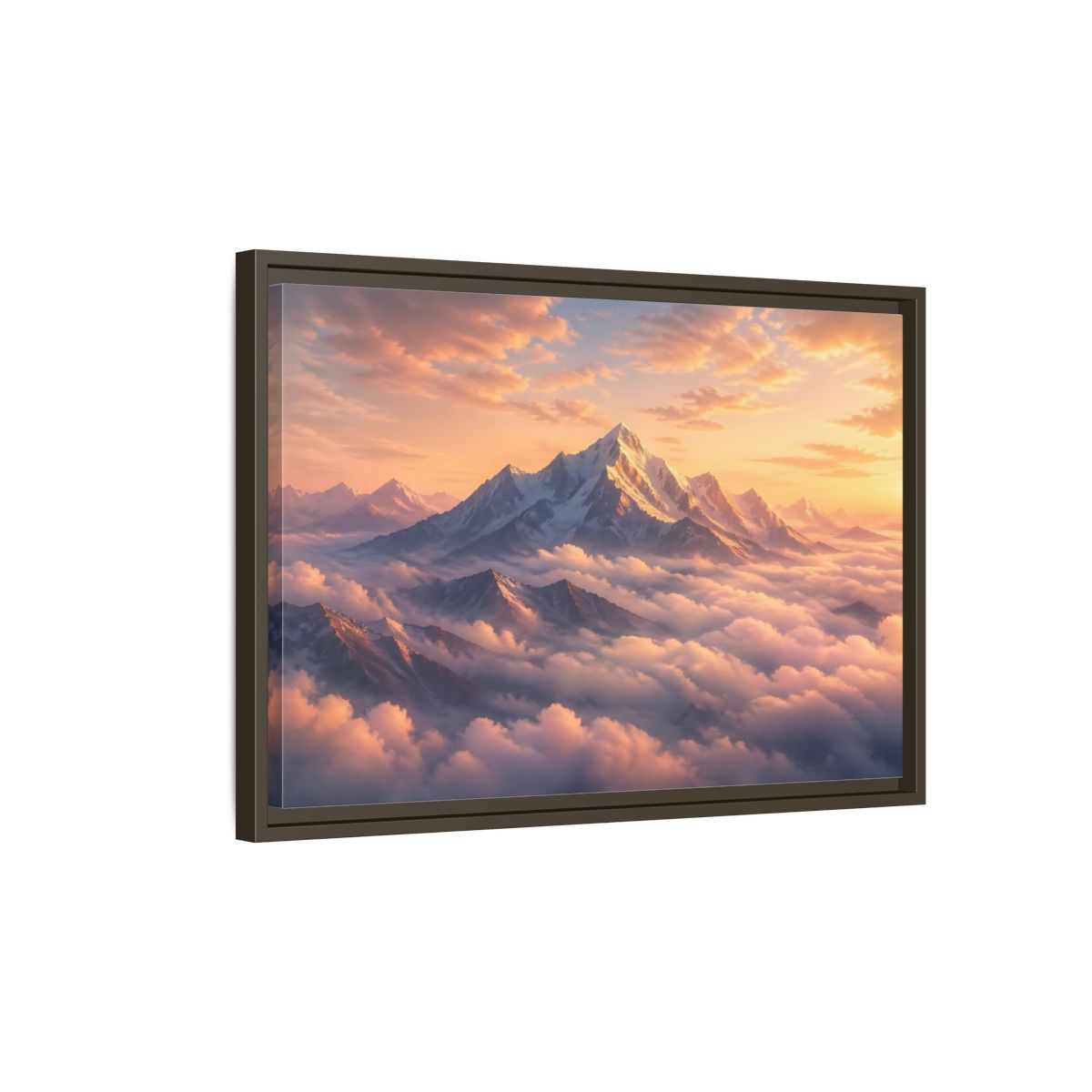 Side Mockup 2. Nature Snowy Mountains Orange Mountain Sunrise shown as stretched canvas wall art