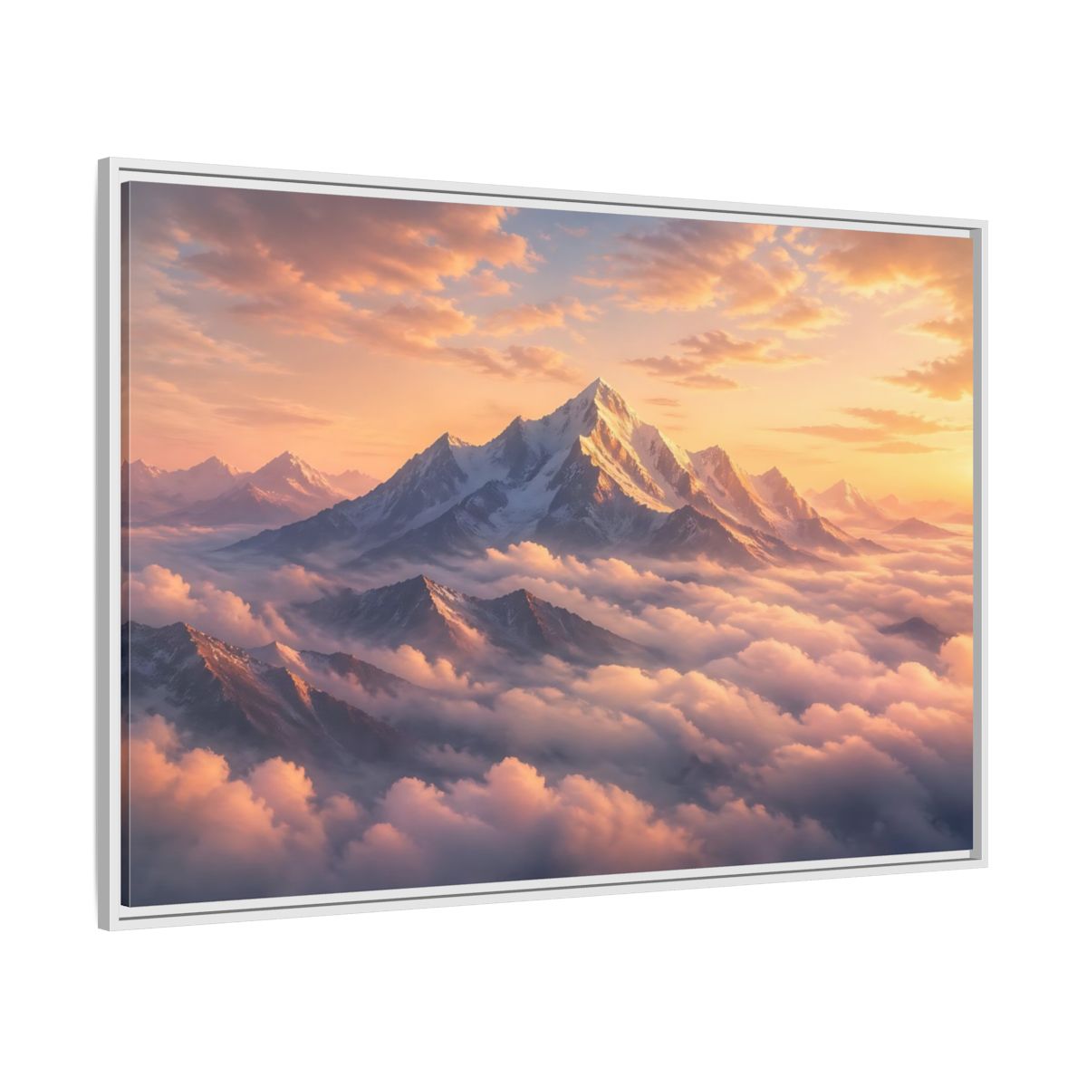 Side Mockup 7. Nature Snowy Mountains Orange Mountain Sunrise shown as stretched canvas wall art