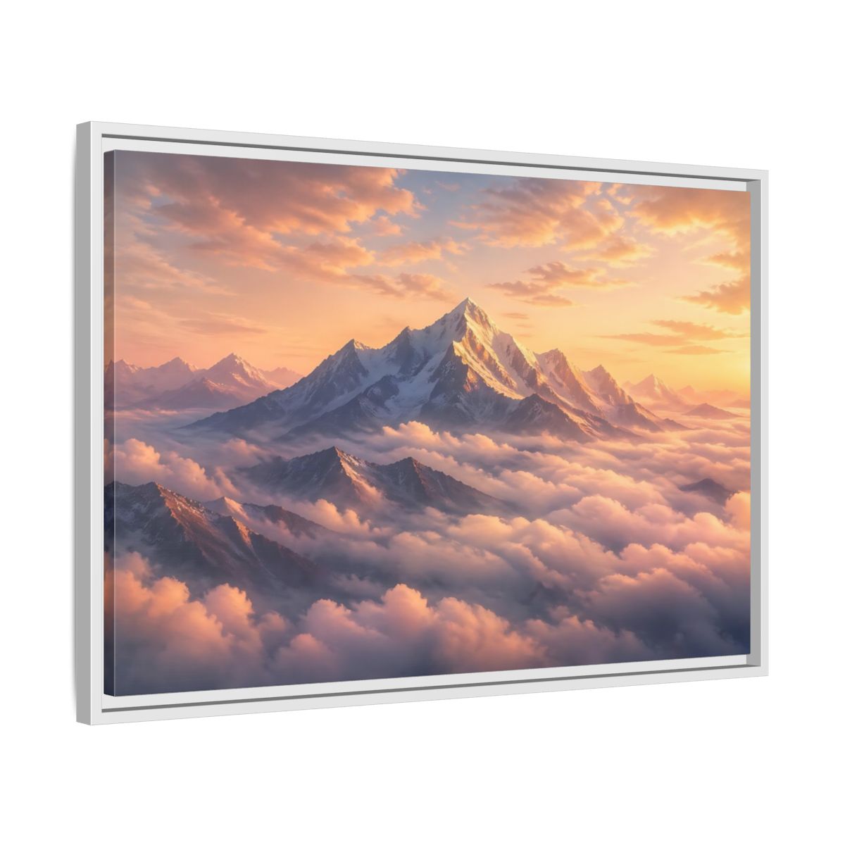 Side Mockup 10. Nature Snowy Mountains Orange Mountain Sunrise shown as stretched canvas wall art