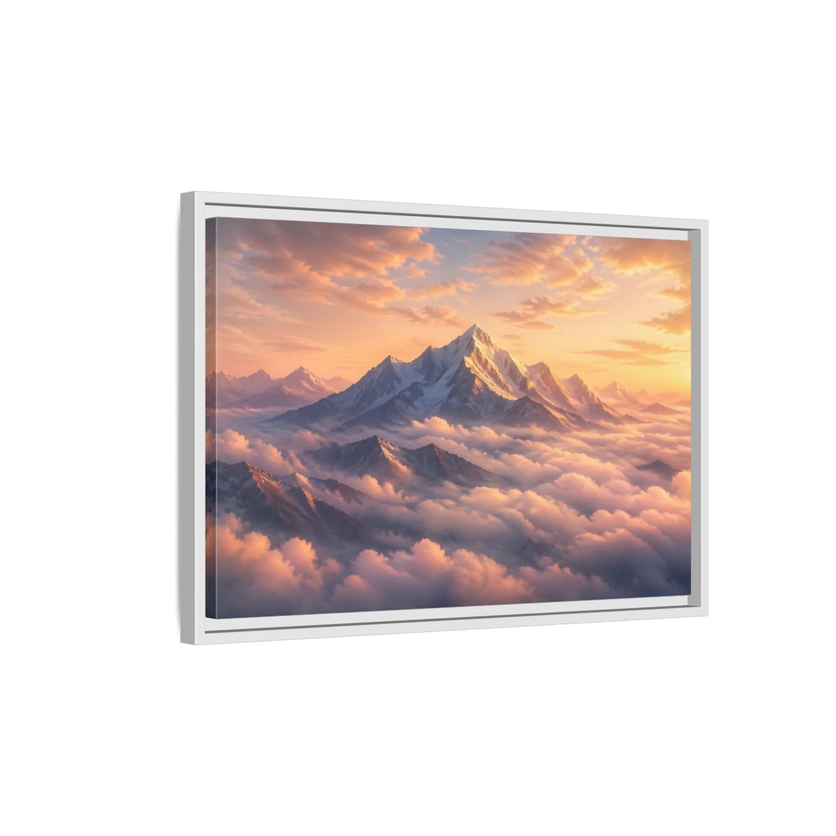 Side Mockup 1. Nature Snowy Mountains Orange Mountain Sunrise shown as stretched canvas wall art