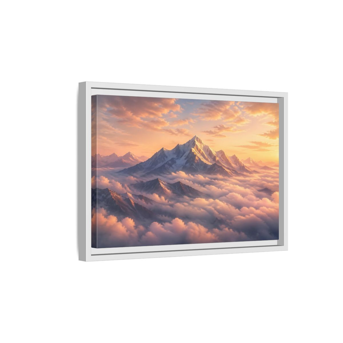 Side Mockup 4. Nature Snowy Mountains Orange Mountain Sunrise shown as stretched canvas wall art
