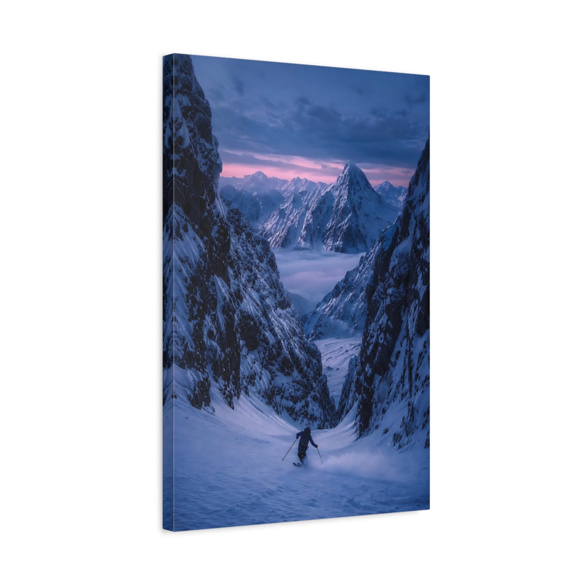 Side Mockup 3. Nature Snowy Mountains Pink And Blue Mountains shown as stretched canvas wall art