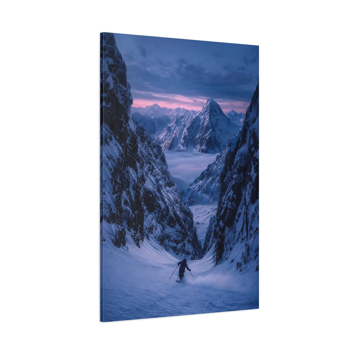 Side Mockup 1. Nature Snowy Mountains Pink And Blue Mountains shown as stretched canvas wall art