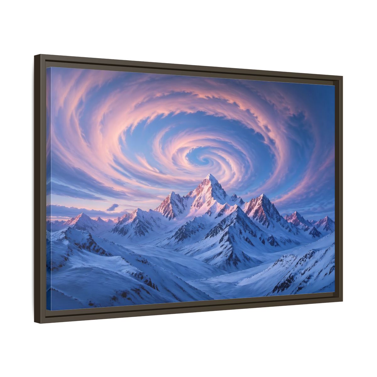 Side Mockup 11. Nature Snowy Mountains Pink And Blue Mountain shown as stretched canvas wall art