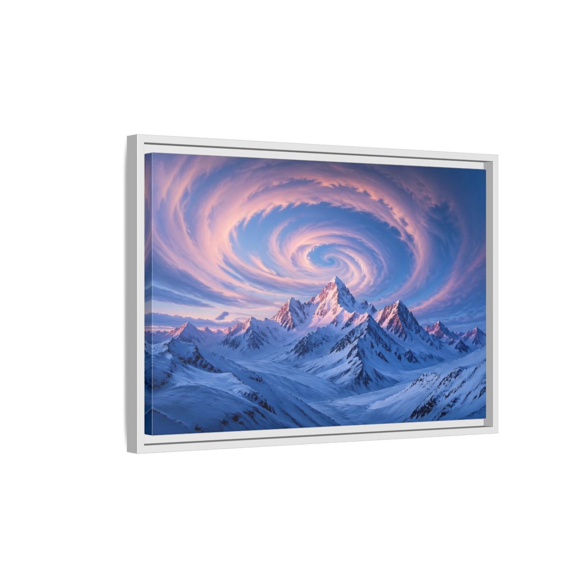 Side Mockup 1. Nature Snowy Mountains Pink And Blue Mountain shown as stretched canvas wall art
