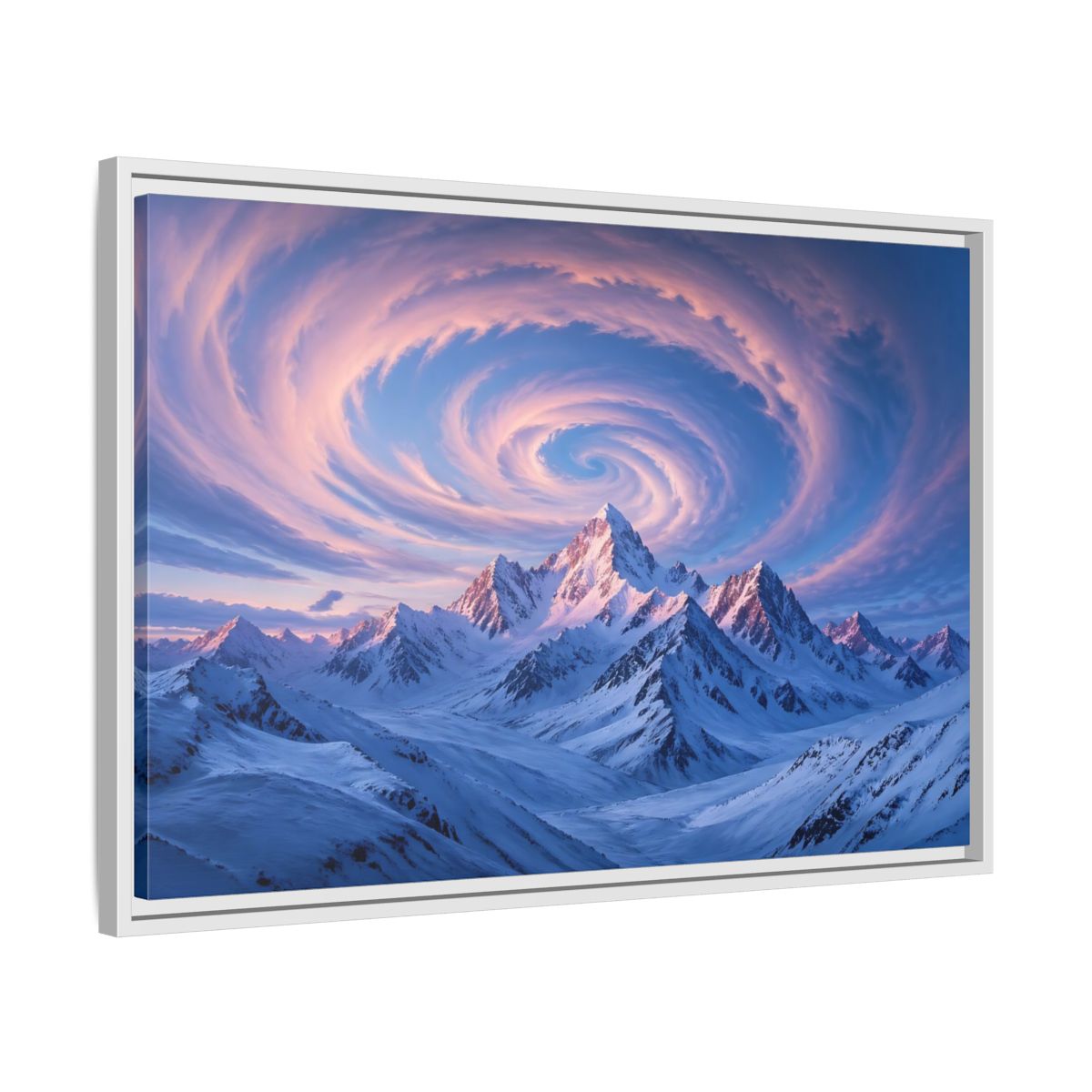 Side Mockup 10. Nature Snowy Mountains Pink And Blue Mountain shown as stretched canvas wall art
