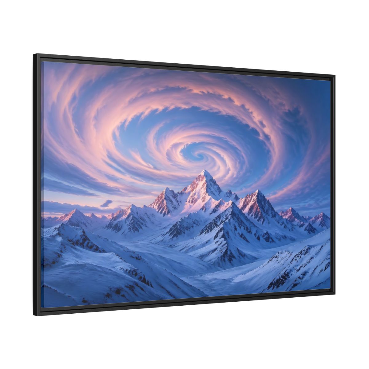 Side Mockup 12. Nature Snowy Mountains Pink And Blue Mountain shown as stretched canvas wall art