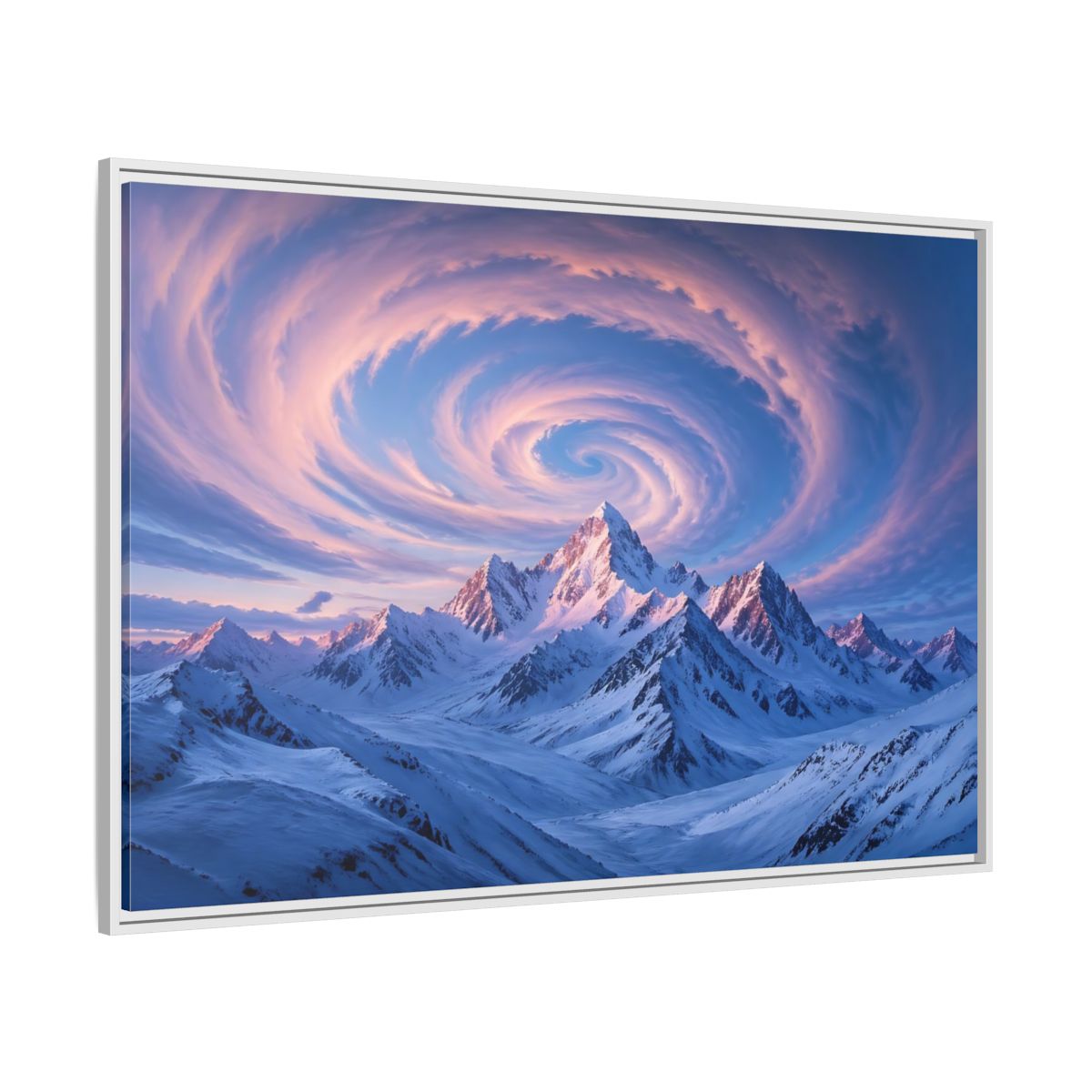 Side Mockup 7. Nature Snowy Mountains Pink And Blue Mountain shown as stretched canvas wall art