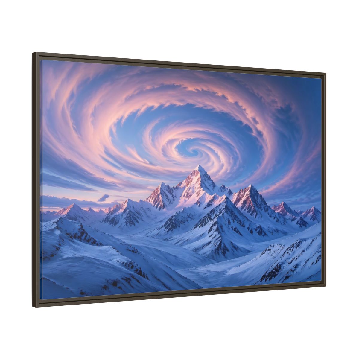 Side Mockup 8. Nature Snowy Mountains Pink And Blue Mountain shown as stretched canvas wall art
