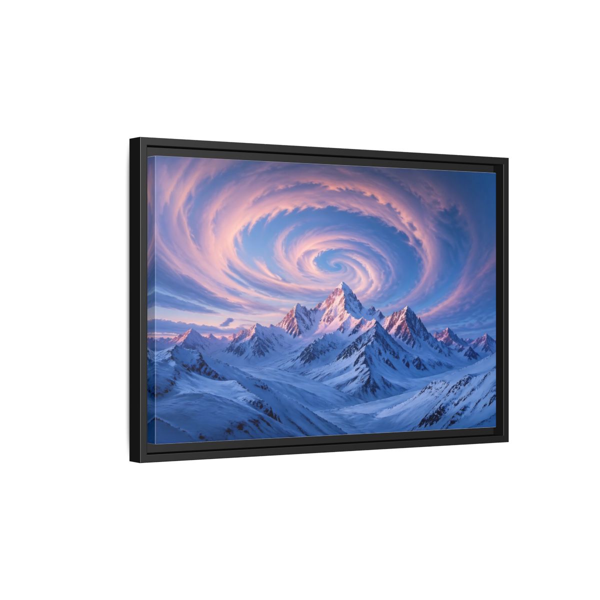Side Mockup 3. Nature Snowy Mountains Pink And Blue Mountain shown as stretched canvas wall art