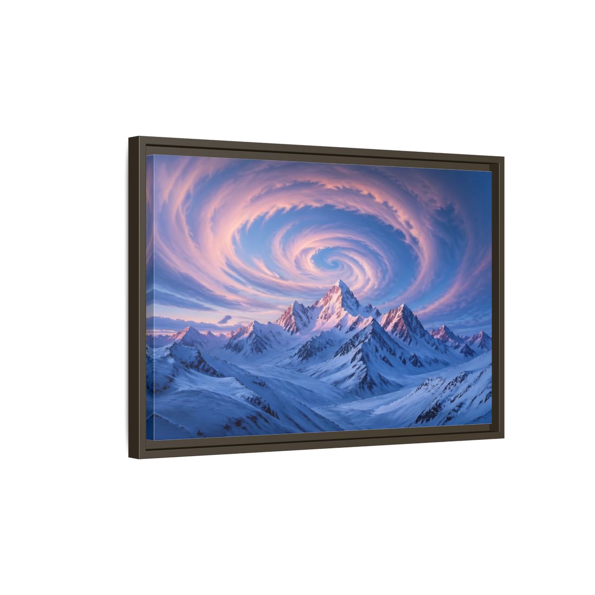 Side Mockup 2. Nature Snowy Mountains Pink And Blue Mountain shown as stretched canvas wall art