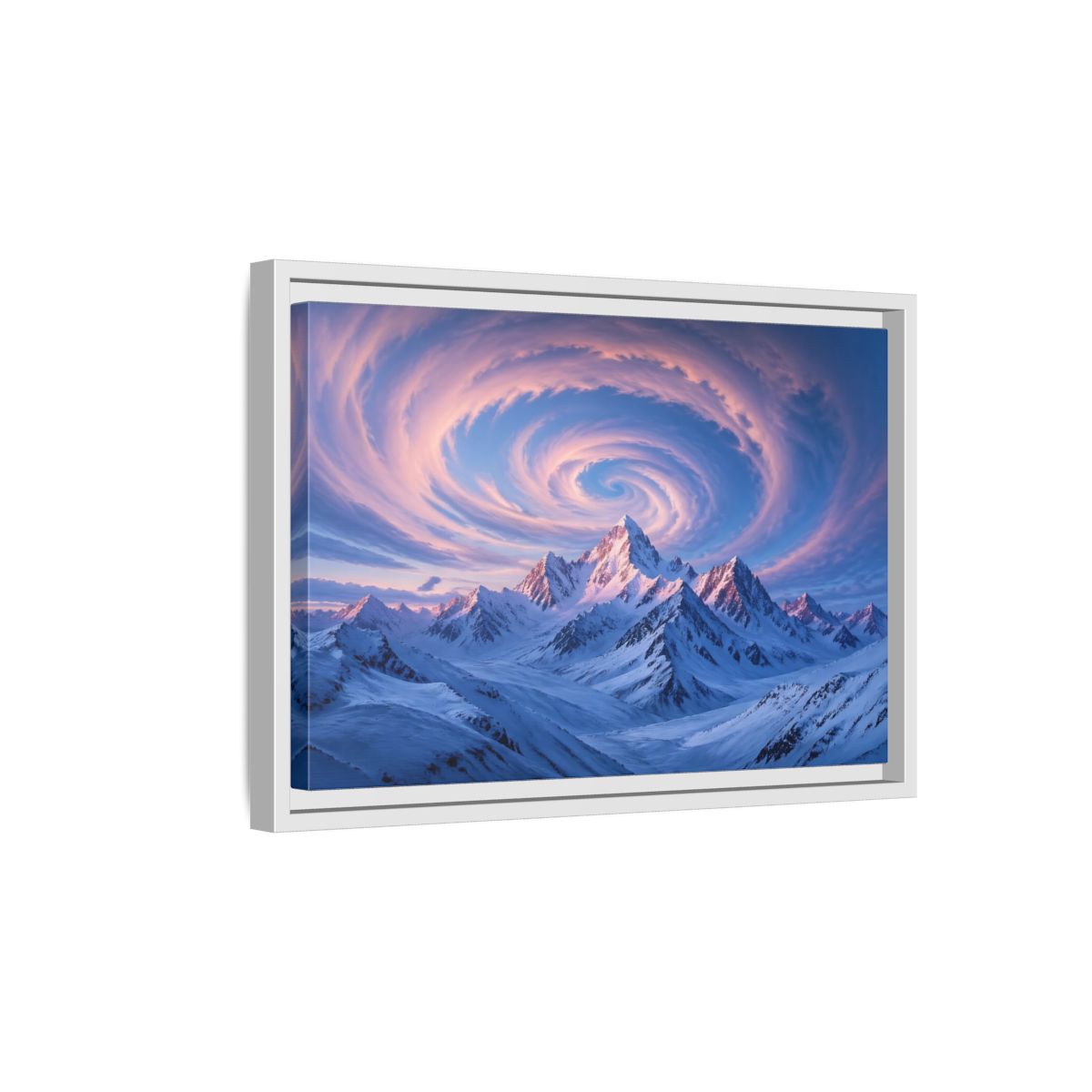 Side Mockup 4. Nature Snowy Mountains Pink And Blue Mountain shown as stretched canvas wall art