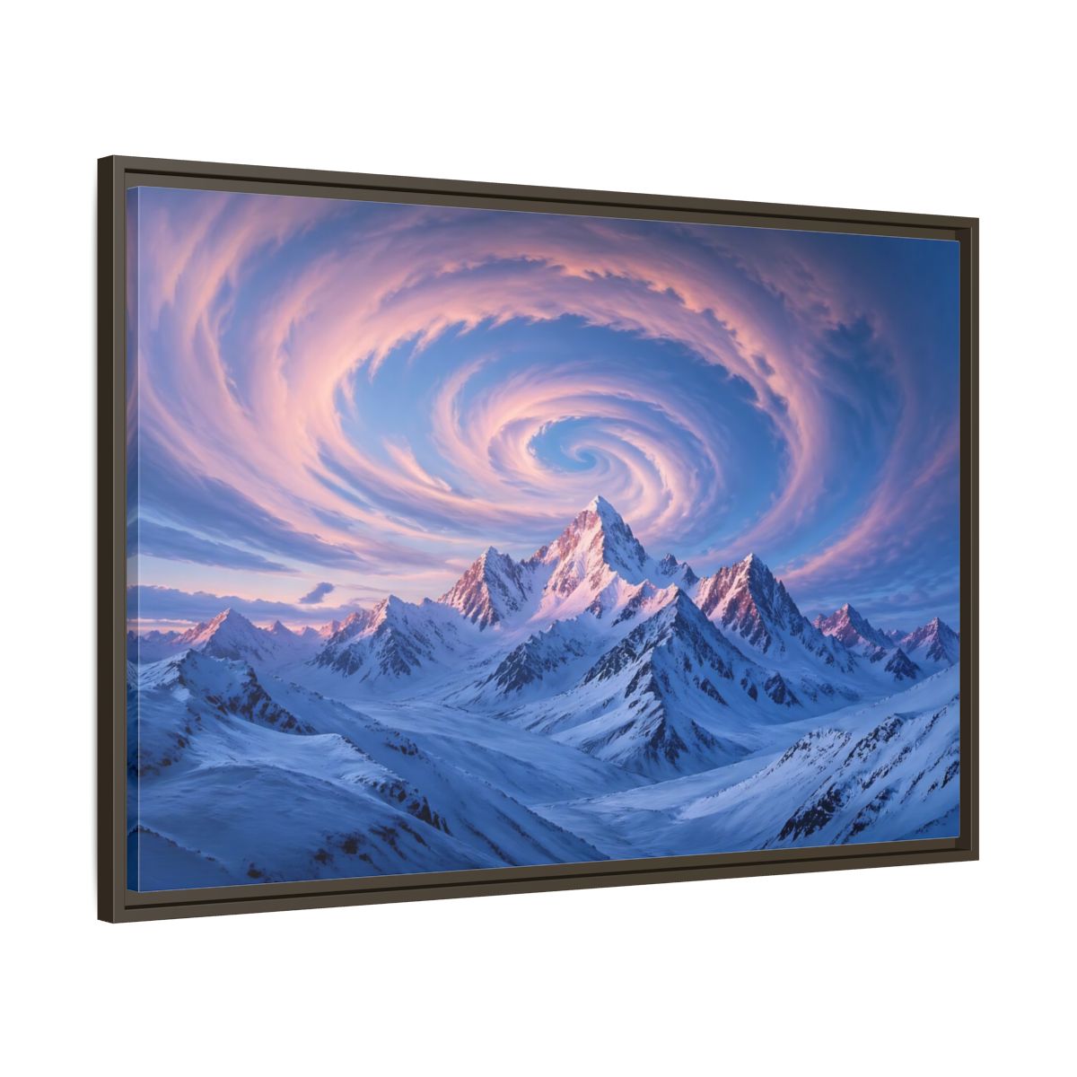 Main Mockup. Nature Snowy Mountains Pink And Blue Mountain shown as stretched canvas wall art